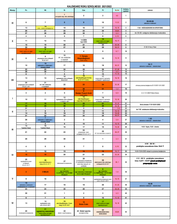 Kalendarz roku szkolnego 2021/2022
